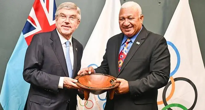 IOC president Thomas Bach with Prime Minister Voreqe Bainimarama during his courtesy visit in Suva. Photo: PM’s Office