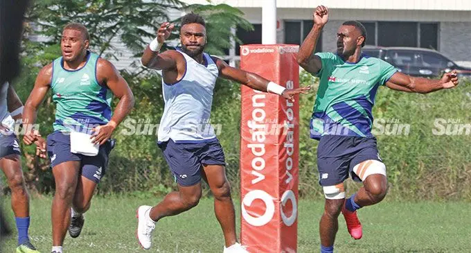 Swire Shipping Fijian Drua players, from left, Tevita Ikanivere, Onisi Ratave and Rusiate Nasove during the captain’s run at Nadi International School, on May 27, 2022. Photo: Waisea Nasokia