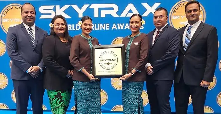 (From left) Fiji Airways Executive Manager Global Sales and Marketting Mr Akuila Batiweti, Senior Manager Training & Standards, Executive Manager Customer Experience Mr Rajnil Prasad and Senior Manager Onboard Safety and Service Mr Benjamin Tufue at the Skytrax Awards in Paris, France.