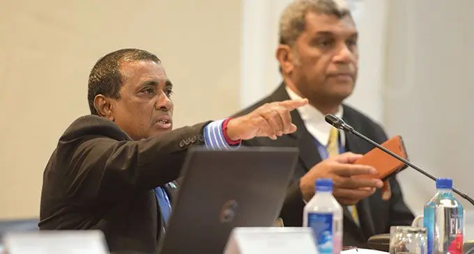 Standing Committee on Public Accounts Chairman Joseph Nitya Nand and committee member Aseri Radrodro while taking submissions from Nausori and Nasinu Town Council representatives on April 13, 2022. Photo: Ronald Kumar