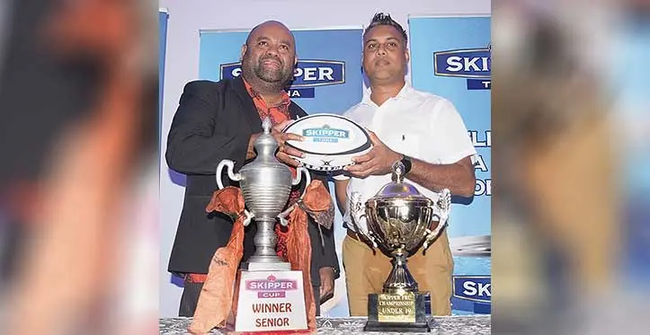 Fiji Rugby Union (FRU) administrator Simione Valenitabua with CJ Patel Group marketing manager Ashwin Prasad during the Skipper Cup launch in Suva on July 5, 2023. Photo: Ronald Kumar