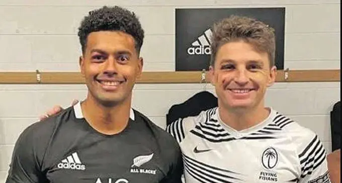 Fiji Airways Flying Fijians first five eighth, Ben Volavola and his All Blacks counterpart, Beauden Barret on July 17, 2021 . Photo: All Blacks Rugby