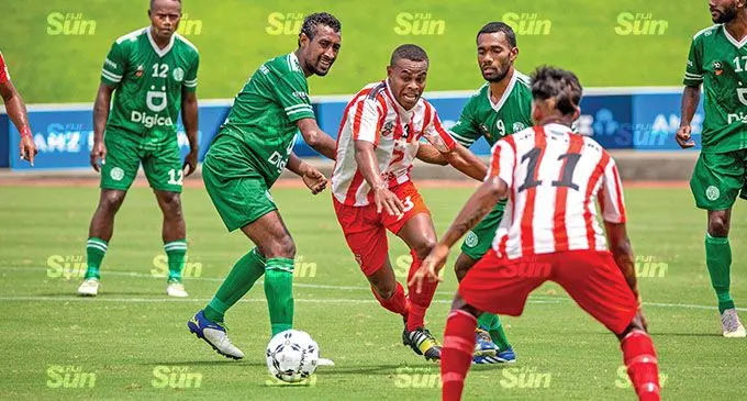 Labasa striker Apenisa Anare dribbles through the Nadi defence in their Digicel Premier League clash at the ANZ Stadium, Suva, on December 5, 2021. Labasa lost 1-0. Photo: Leon Lord.