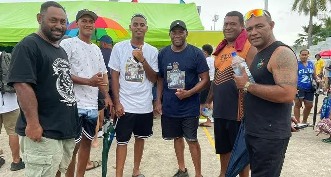 Filipe Saumaisue (left) with supporters from Nawaikama in Gau. Photo: Ioane Asioli.