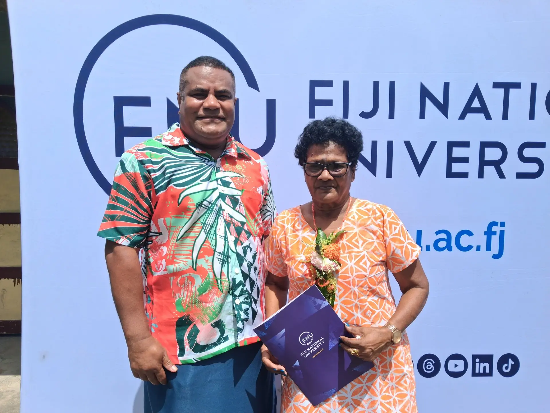 Losana Dioi (second from left) with her nephew Sameula Ligari graduates from Fiji National University (FNU) during the Rural Remote Maritime Training graduation at Nabalebale village in Savusavu on March 27, 2026. Photo: Devisha Prakash