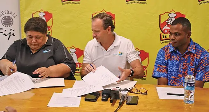 From left: Netball Fiji chief executive officer Vivian Koster, Goodman Fielder Fiji general manager Tim Carter and Fiji Secondary School Netball president Navitalai Naivalu on August 7, 2024.