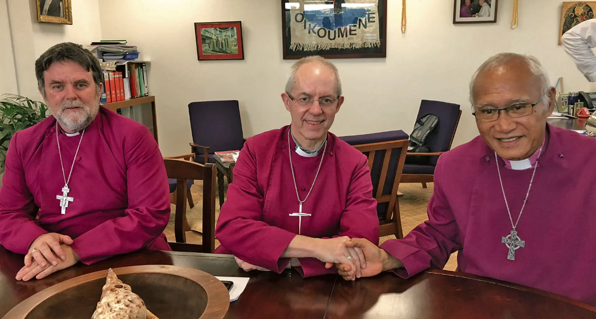 Archbishop of New Zealand’s Tikanga Pakeha, the Most Reverend Philip Richardson (left), Archbishop of Canterbury the Most Reverend Justin Portal Welby (middle), and Archbishop of Polynesia, the Most Reverend Winston Halapua at the Office of the Anglican Diocese of Polynesia in Suva on March 2, 2018.  Photo: Selita Bolanavanua