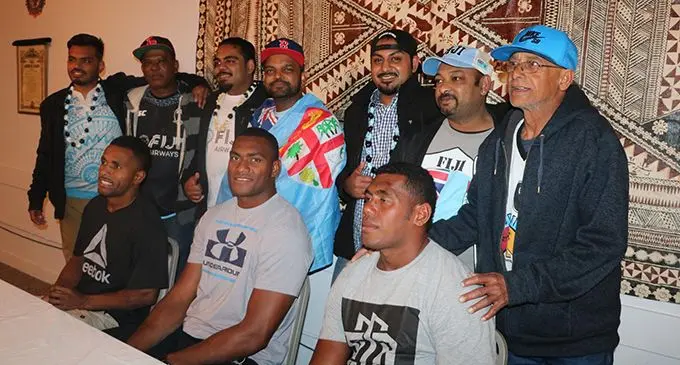 Fiji Airways Fijian 7s reps (sitting left-right) Terio Tamani, Mesulame Kunavula, Kalione Nasoko with fans at the Amercian Legion Hall in Las Vegas, Nevada on March 3, 2019.  Photo: Kelepi Abariga- USFT 