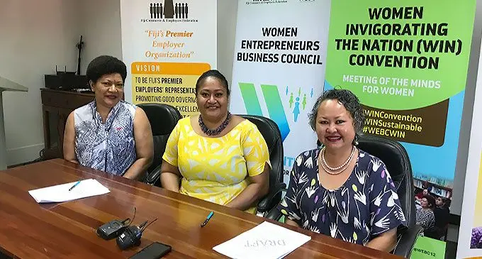From left: Women Entrepreneurs Business Council chair, Eseta Nadakuitavuki, coordinator Fiona Dansey, and Women Invigorating the Nation (WIN) Convention Committee chairperson Sharyne Fong, following a post-convention press event in Suva, on April 12, 2022. Photo: Frederica Elbourne