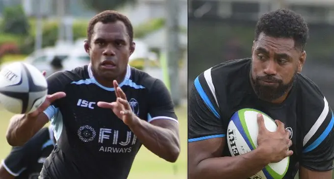 Fiji Airways Flying Fijians lock forwards Leone Nakarawa (left) and Tevita Cavubati during training at Albert Park in Suva.   Photos: Ronald Kumar