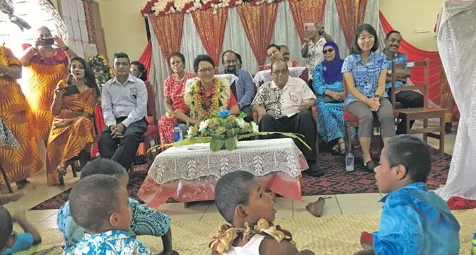 First Secretary, Embassy of Japan Genta Yamada (in garland), next to Nausori Special School manager for Nausori Special School Jitendra Bhan with officials and students at the handover ceremony on January 30, 2019. Photo: Swashna Chand
