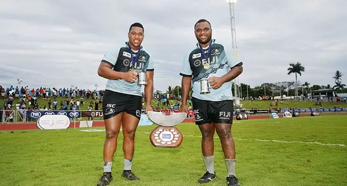 Fiji Airways Fijian Drua props (from left) Eroni Mawi and Luke Tagi after winning the 2018 National Rugby Championship at Churchill Park, Lautoka. Photo: NRC