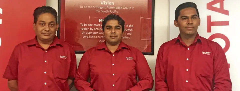 From Left: Asco Motors National Fixed Operations Manager Sanjeet Kumar, chief executive officer Craig Sims and Company Financial Controller Ronald Kumar.  