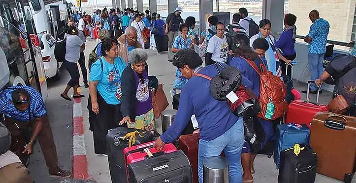 Fijians and regional participants of the annual event at the Tel Aviv Airport. Their flight arrives this morning.