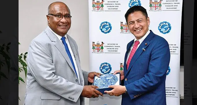 From left: Deputy Prime Minister and Minister for Trade and Cooperatives Manoa Kamikamica with Japanese State Minister for Foreign Affairs Shunsuke Takei.