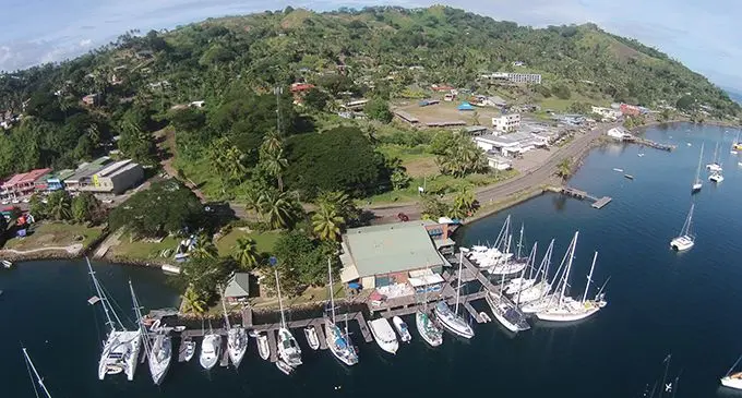 An aerial view of the  Savusavu Copra Shed Marina, Savusavu Town, Vanua Levu