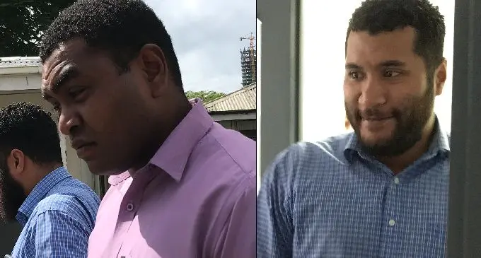 Ratu Selema Steven Dennis Tikoenaburevere (left) and  Kelepi Duri Tautaumacala Kolinisau (in blue shirt) outside High Court in Suva. Photo: Ashna Kumar