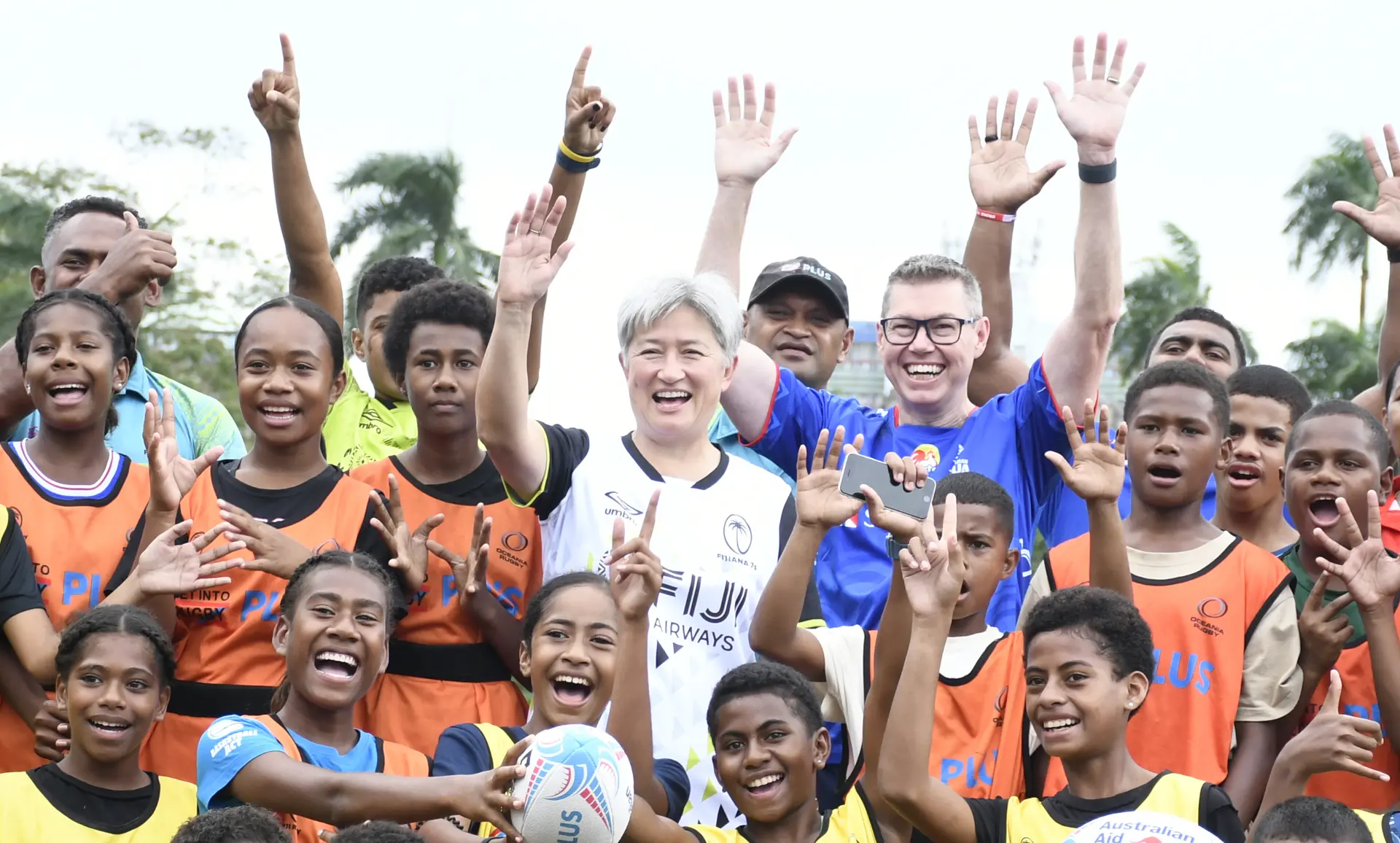 Visiting Australian Foreign Minister Senator Penny Wong (wearing white) and Minister for the Pacific Islands Affairs Pat Conroy at sports clinic at Suva’s Albert Park on May 6, 2026.