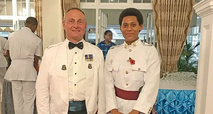 Second-Lieutenant Roko Bua Wainise Silatolu (right), with British Army Support Officer Major Daren Dangerfield at the Fiji Day reception at the State House.  Photo: British High Commission