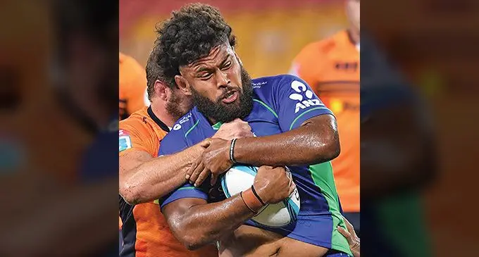 Haereiti Hetet of the Fijian Drua in action during the round-eight of the 2022 Super Rugby Pacific match against the ACT Brumbies. He is one of the five players that re-signed with Drua yesterday. Photo: AAP