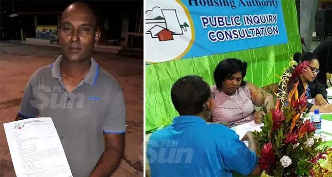 Roney Roy, 48, with a copy of the offer letter he claims was given to him for a piece of land in the Tacirua Subdivision (left) and Members of the public at the Housing Authority Public Inquiry Consultation at Rishikul Sanatan College on September 1, 2020 (right). Photo: Inoke Rabonu