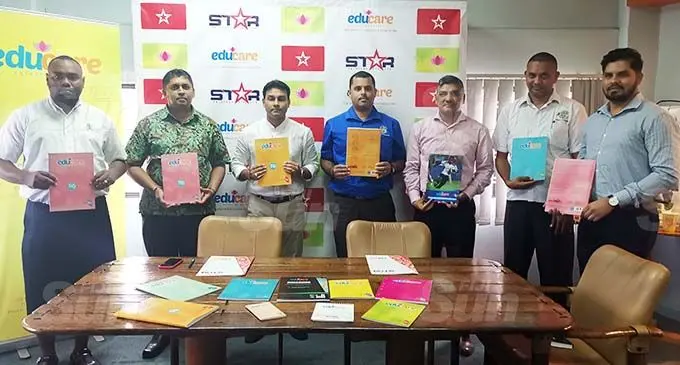 From left: Lifeline Fiji representative Jeremaia Merekula, Star Printery general manager Amendra Singh, director Vikesh Chauhan, Ministry of Education representative Pretesh Kumar, director Sandeep Chauhan, Ministry of Education representative Sheik Heidar, and Star Printery business development executive Zohar Khan on September 16, 2020. Photo: Lusiana Tuimaisala.