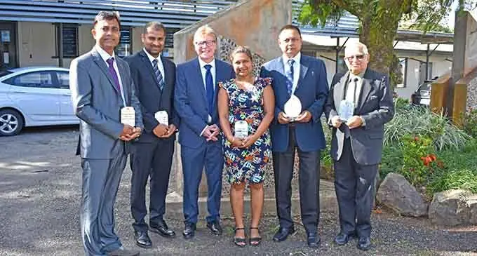 From left: Hirdesh Sachan, Raymond Keshwan, Professor James Pounder, Ravita Prasad, Rohit Kishore and Bhagwanji Bhindi. Photo: Fiji National University
