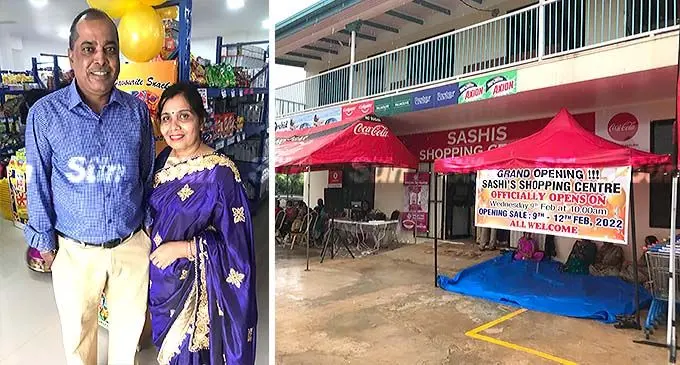 Prem Chand Lal and Sashi Lata and the exterior of Sashi's Shopping Centre. Photo: Shratika Naidu.