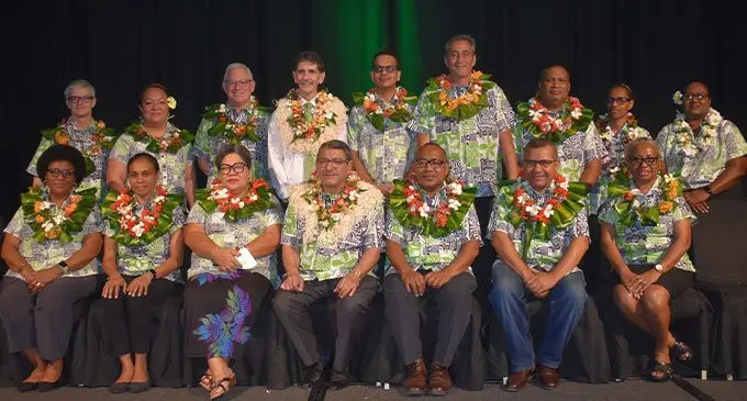Back from left: Group Chief Risk Officer Roger Hastie, General manager offshore branches Maryann Lameko-Vaii, Symon Brewis-Weston, Group Chief Executive Officer Robin Fleming, Group Chief Financial Officer Ronesh Dayal, Group Chief Operating Officer Frank van der Poll, Frank Bouraga, Assistant company secretary Jamie- Lee Loh, Leadership Management Development program Ruby Patu. Front from left: Patricia Taureka-Seruvatu, Priscilla Kevin, Dr Faamausili Lua’iufi, BSP Group Chairman Sir Kostas Constantinou, Robert Bradshaw, Arthur Sam, Company Secretary Mary Johns at the Sofitel Fiji Resort and Spa on Denarau on July 18, 2022. Photo: Waisea Nasokia