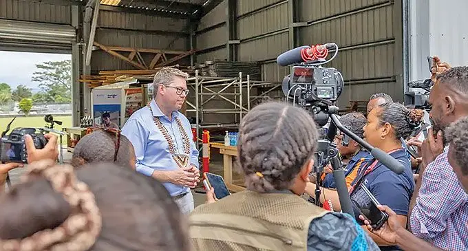 Pat Conroy at a door stop with Solomon Islands media in Honiara, Solomon Islands on 26 July 2023. Photo: Daniel Walding