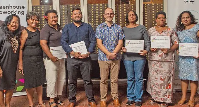 Green Business Bootcamp first cohort of graduates together with Greenhouse Coworking founder Maria Ronna Luna Pastorizo-Sekiguchi (left), Market Development Facility and the Australian High Commission’s Counsellor Andrew Shepherd (fifth from left).