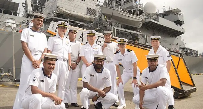 Fijian Navy personnel with their Japanese counterpart of Naval vessel JS Kirisame at Kings Wharf in Suva on August 17, 2022. Photo: Ronald Kumar