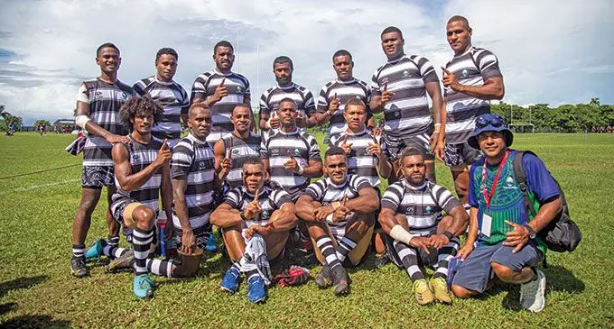 Caucau rugby 7s team from Buca Bay, Cakaudrove, during the Fiji Bitter Marist 7s at the ANZ Stadium, Suva, on March 25, 2022. Photo: Leon Lord.