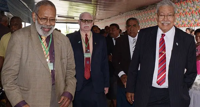 Methodist Church of Fiji and Rotuma Vice President Ratu Peni Volavola (left) with Laisenia Qarase during the Conferece at Centenary Church on August 22, 2019. Photo: Ronald Kumar.