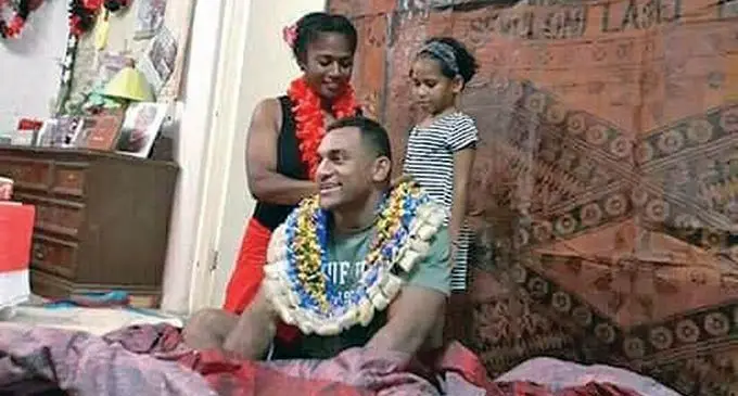 All Blacks winger Sevu Reece is welcomed by his family in Nadi on August 18, 2019