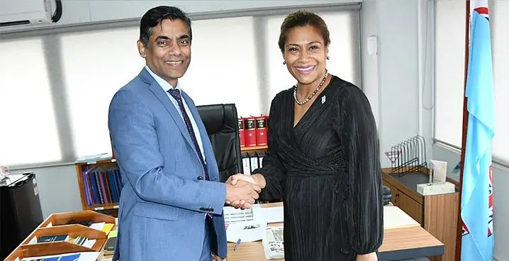 Indian High Commissioner to Fiji, Shri Palaniswamy Subramanyan Karthigeyan and  Minister for Women, Children and Poverty Alleviation, Lynda Tabuya at the Ministry of Women, Children and Poverty Alleviation Headquarters in Suva on January 18, 2023. Photo: DEPTFO News