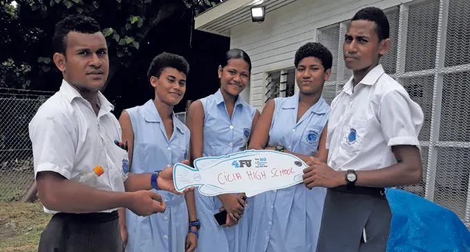 Students of Cicia High School (from left) Savenabiau Tubuna, Sereima Kotoisuva, Milika Saladoka, Ledua Bale and Jone Vosaicake during the kawakawa and donu awareness exercise at Natokalau village in Cicia, Lau on January 29, 2019. Photo: Wati Talebula