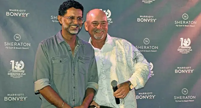 From left: Marriott International Multi Properties vice-president Neeraj Chadha and the legendary Bard Burns during the awards ceremony on June 11, 2022. Photo: Waisea Nasokia
