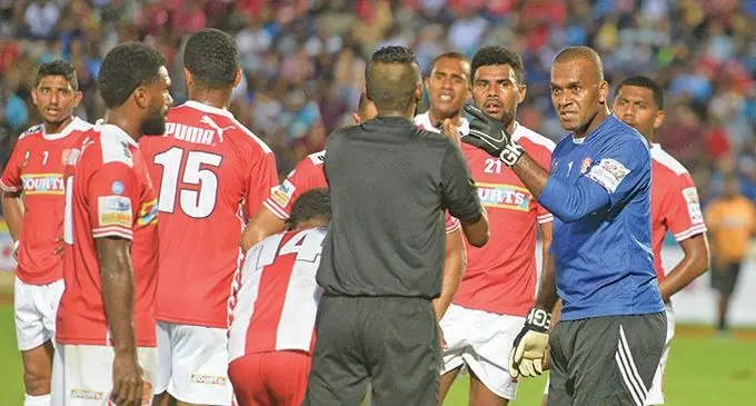 Rewa goalkeeper Simione Tamanisau (right) confronts referee Deepak Raju after disputing a decision during the Courts Interdistrict Championship semifinal at the ANZ Stadium, Suva, on October 10, 2020. Labasa won 1-0. Photo: Ronald Kumar 