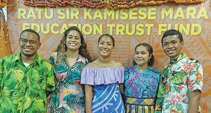 Ratu Mara scholarship recipients (from left) Alipate Loga, Tahtiyana Taukei, Leba Sekiwai Baleitavuki, Litia Lewai Tikinitabua and Josaia Tabu Gaunavinaka during the Ratu Sir Kamisese Mara Education Trust Fund fundraising dinner in Suva on June 17, 2022. Photo: Wati Talebula-Nuku