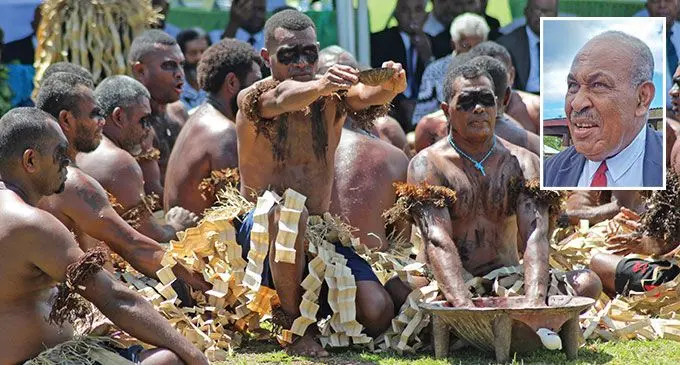 Part of the traditional kava ceremony accorded to the Minister for iTaukei Affairs, Ifereimi Vasu, as chief guest at the opening of the Macuata Provincial Council meeting. Photo: Shratika Naidu/Inset: Minister for iTaukei Affairs, Ifereimi Vasu.