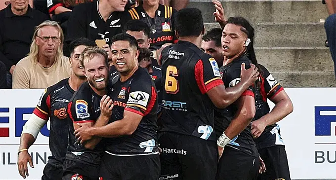 Chiefs players celebrate their 33-29 win over Crusaders on February 23, 2024. Photo: Newshub.  