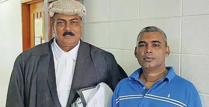 From right: Vinay Darsan with his lawyer Parmendra Sharma at the High Court in Lautoka on March 13,2023. Photo: Salote Qalubau