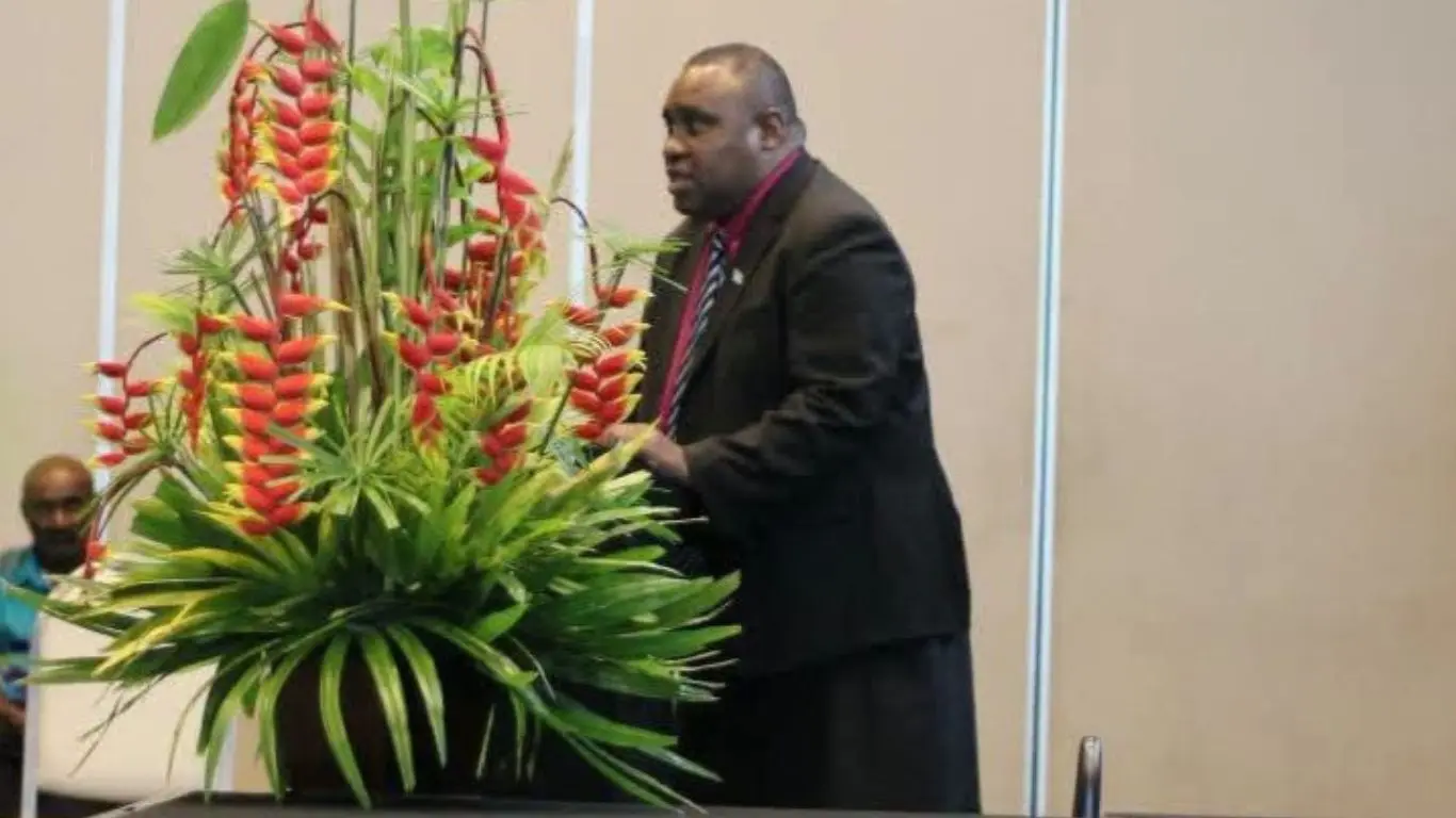 Police representative Corporal Waisea Bolabiu  during his presentation on drug-related offences at the 2026 Ba Provincial Council Meeting at Sofitel Fiji Resort and Spa in Nadi