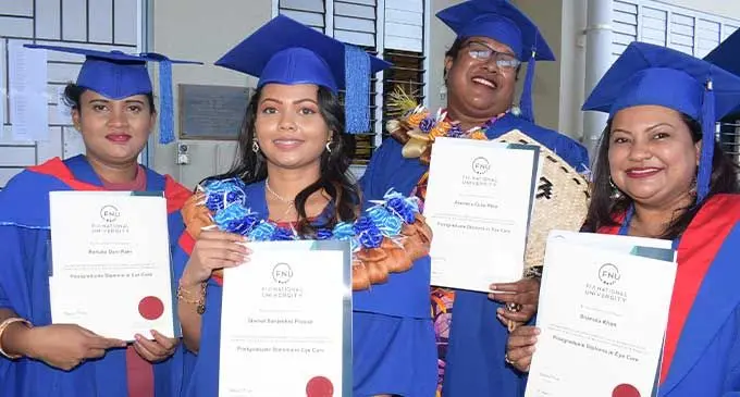 Eye Care Diploma graduates (from left), Renuka Ram, Shimal Prasad, Asenaca Rika and Shahida  Khan following their Fiji National University graduation ceremony on September 30, 2022. Photo: Ronald Kumar