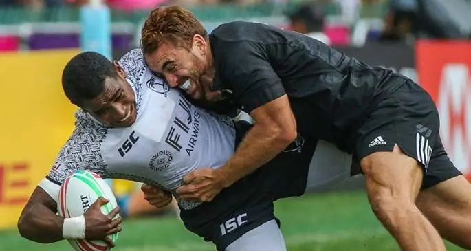 Fiji Airways Fijian 7s winger Aminiasi Tuimaba is tackled by Joe Webber of New Zealand during last year’s Hong Kong 7s. Over the years Fiji and NZ are rivals during the World Sevens Series. Photo: SCMP