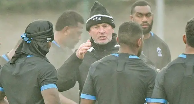 Flying Fijians head coach, Vern Cotter with players during last November’s Autumn Nations Cup in Paris, France. Photo: Planet Rugby