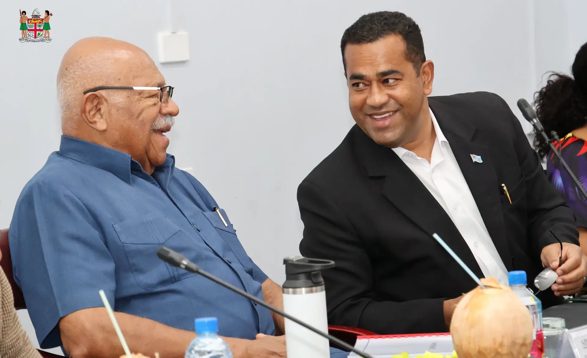 Prime Minister Sitiveni Rabuka (left) and Minister for Lands and Mineral Resources share a light moment during the public consultation on the Constitution (Amendment) Bill 2026 at the Savusavu Town Council Hall on October 24, 2026.