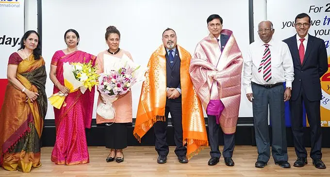 From left: MIOT International Chairperson Mallika Mohandas, Subha Srikanth, wife of High Commissioner Melika Punja, High Commissioner of Fiji to India Yogesh Punja, Honorary Consul of Fiji in Chennai SN Srikanth, Founder and Mentor, MIOT International Dr PVA Mohandas, MIOT International Managing Director Dr Prithvi Mohandas during the 20th Founder’s Day celebration. Photo: MIOT Pacific Hospitals 
