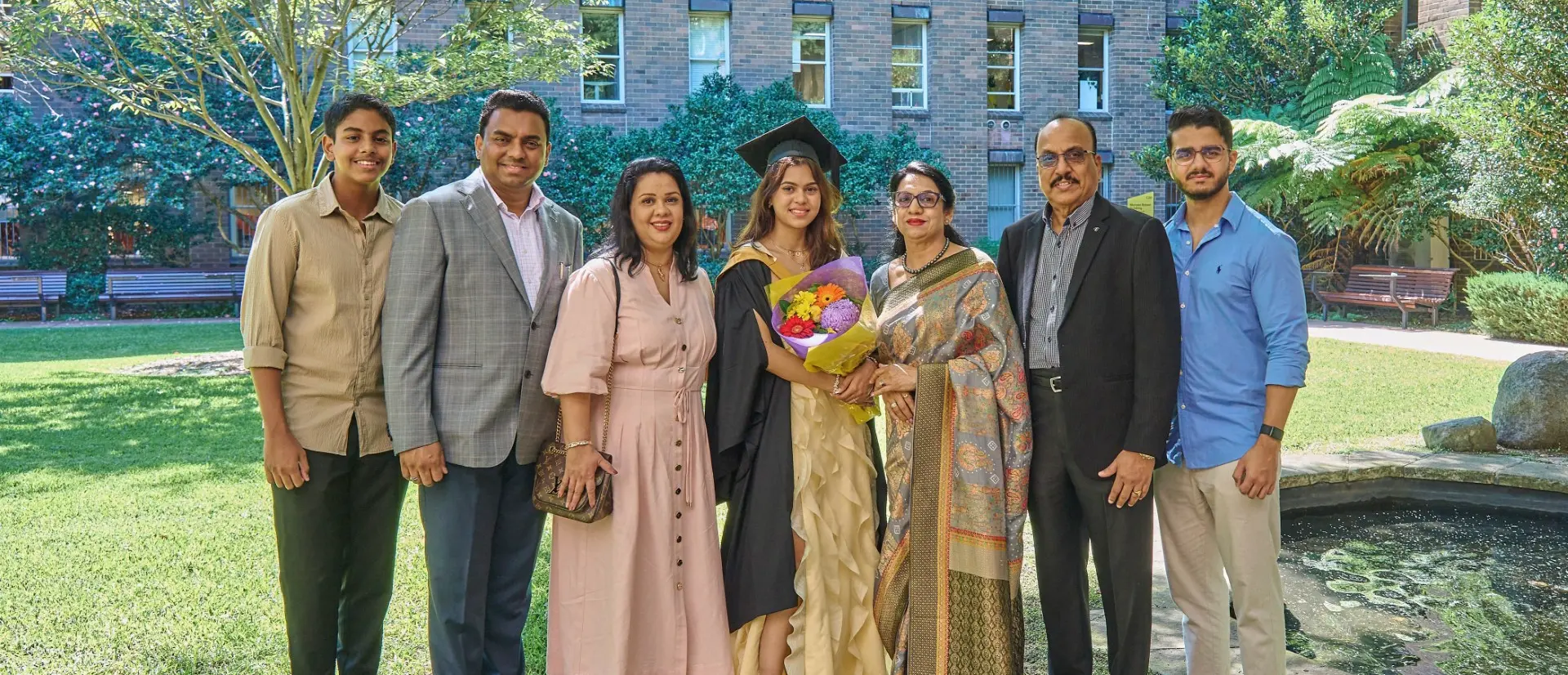 From left: Younger brother Shivansh, dad Jay Dayal, mother Ashika Dayal, Pratyaksha Dayal, grandmother Manjula Dayal, grandfather Prakash Dayal and elder brother Pratikansh Dayal in Sydney. 